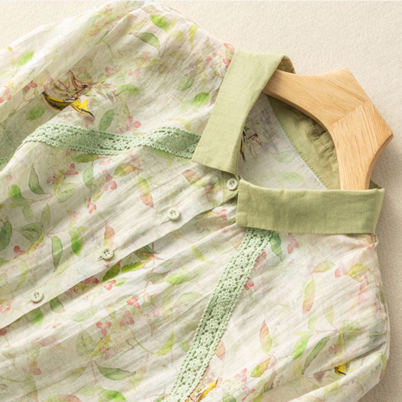 ICE cotton and linen Japanese retro printed shirt summer top high-end foreign trade export tail single Ramie women's loose artistic cotton and linen