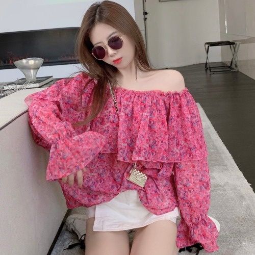 Áo kiểu trễ áo trễ vai Off Shoulder Áo Sơ Mi Chiffon Floral Tay Loe Trễ Vai Dáng Rộng In Hoa Thời Trang Mùa Hè Cho Nữ