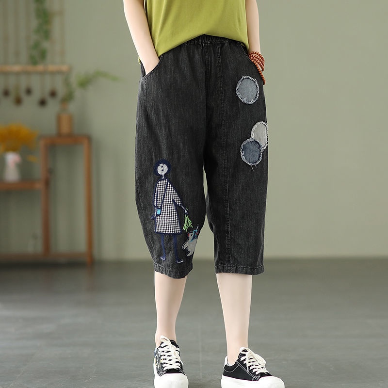 Quần Jeans Lửng Lưng Thun Thêu Họa Tiết Hoạt Hình Thời Trang Mùa Hè Cho Nữ