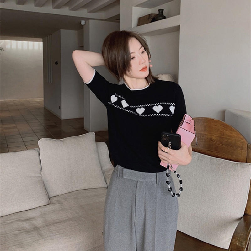 Nhân Vật ANNA C18maasm ANNA Trong Phim Đảo Hải Tặc◆Áo Len Cardigan Ngắn Tay Cổ Tròn Màu Sắc Tương Phản Họa Tiết Trái Tim Xinh Xắn Cho Nữ