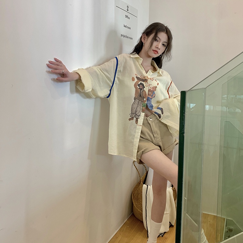 IELGY Áo Sơ Mi Tay Dài In Họa Tiết Hoạt Hình Phong Cách Hàn Quốc Cho Nữ