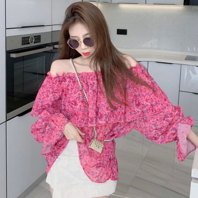 Áo kiểu trễ áo trễ vai Off Shoulder Áo Sơ Mi Chiffon Floral Tay Loe Trễ Vai Dáng Rộng In Hoa Thời Trang Mùa Hè Cho Nữ