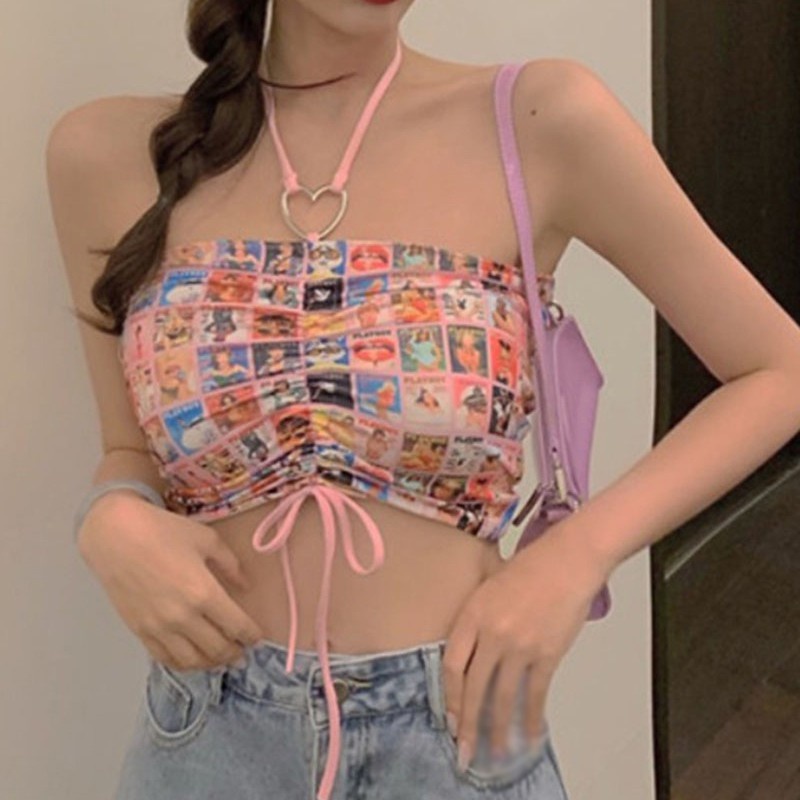 Áo Croptop Hai Dây Dáng Ôm In Họa Tiết Phong Cách Hàn Quốc Quyến Rũ Cho Nữ