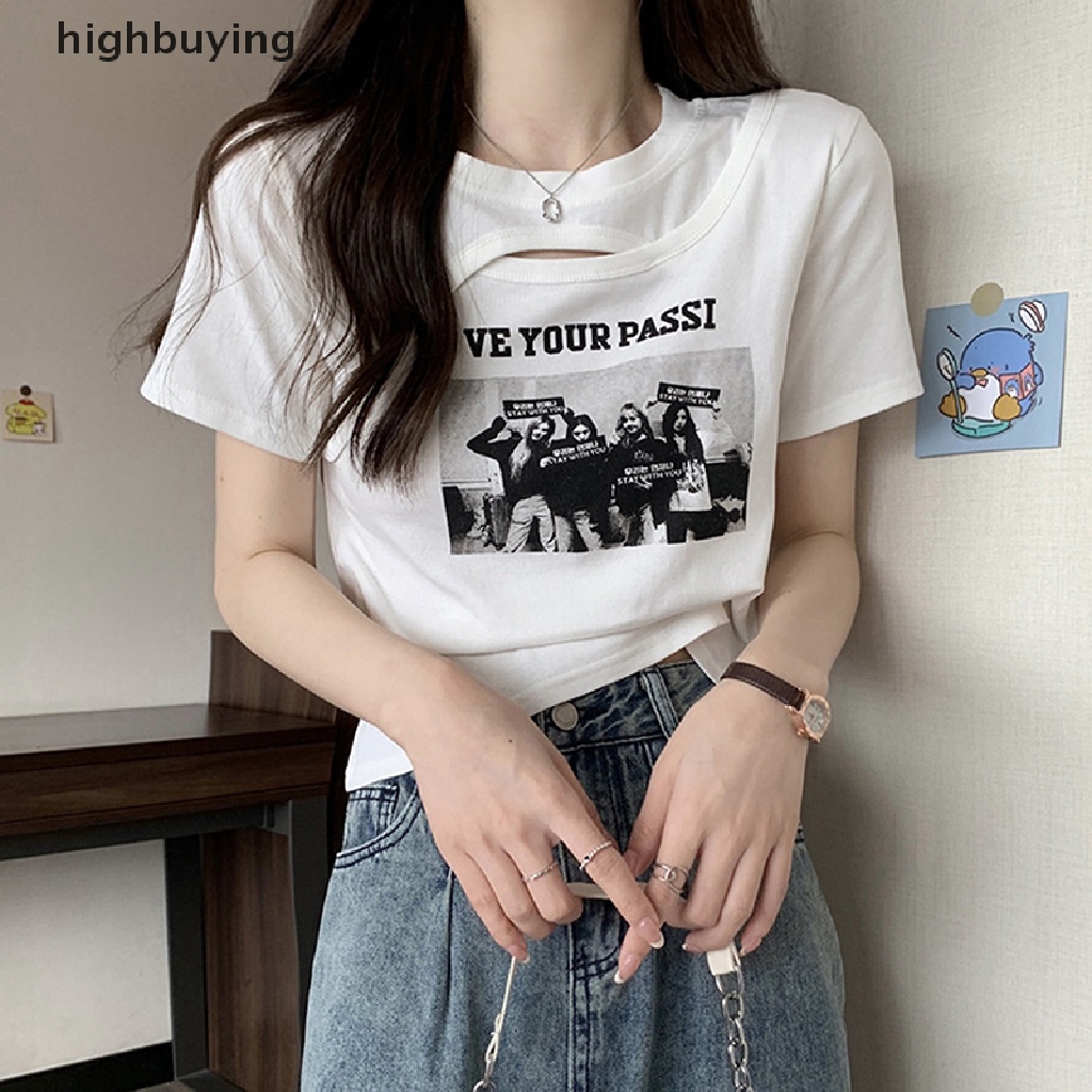 Áo Thun Lửng Ngắn Tay Cổ Tròn In Họa Tiết Vintage Cho Nữ