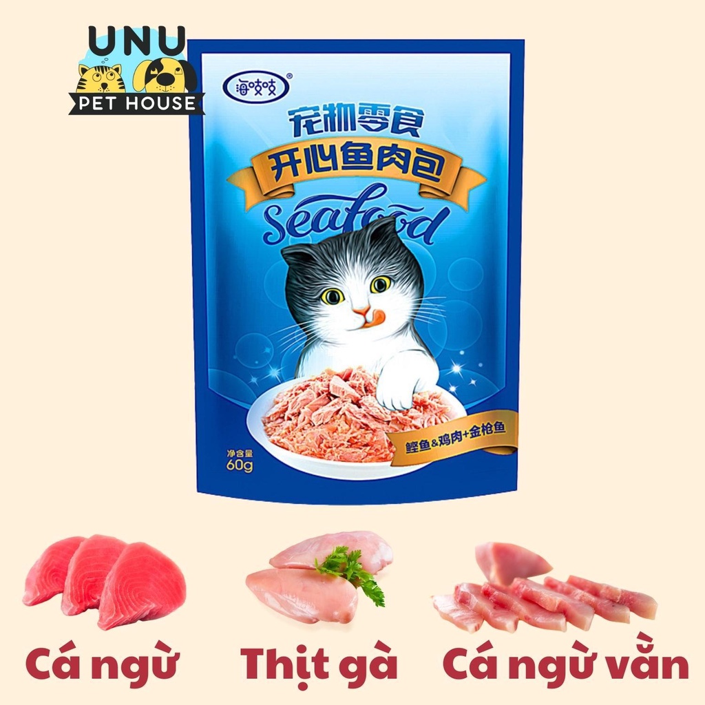 Pate mèo Seafood được làm bằng thịt, cá tươi, 4 vị thơm ngon, gói 60gr – UNU Pet House
