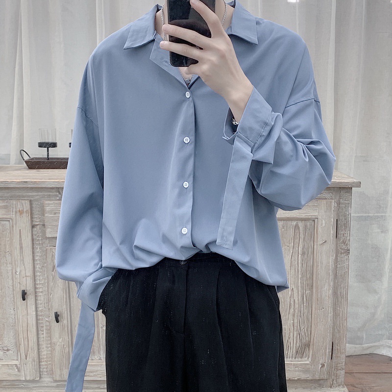 Áo Sơ Mi Tay Dài Màu Xanh Dương Có Dây Cột Thời Trang Cho Nam