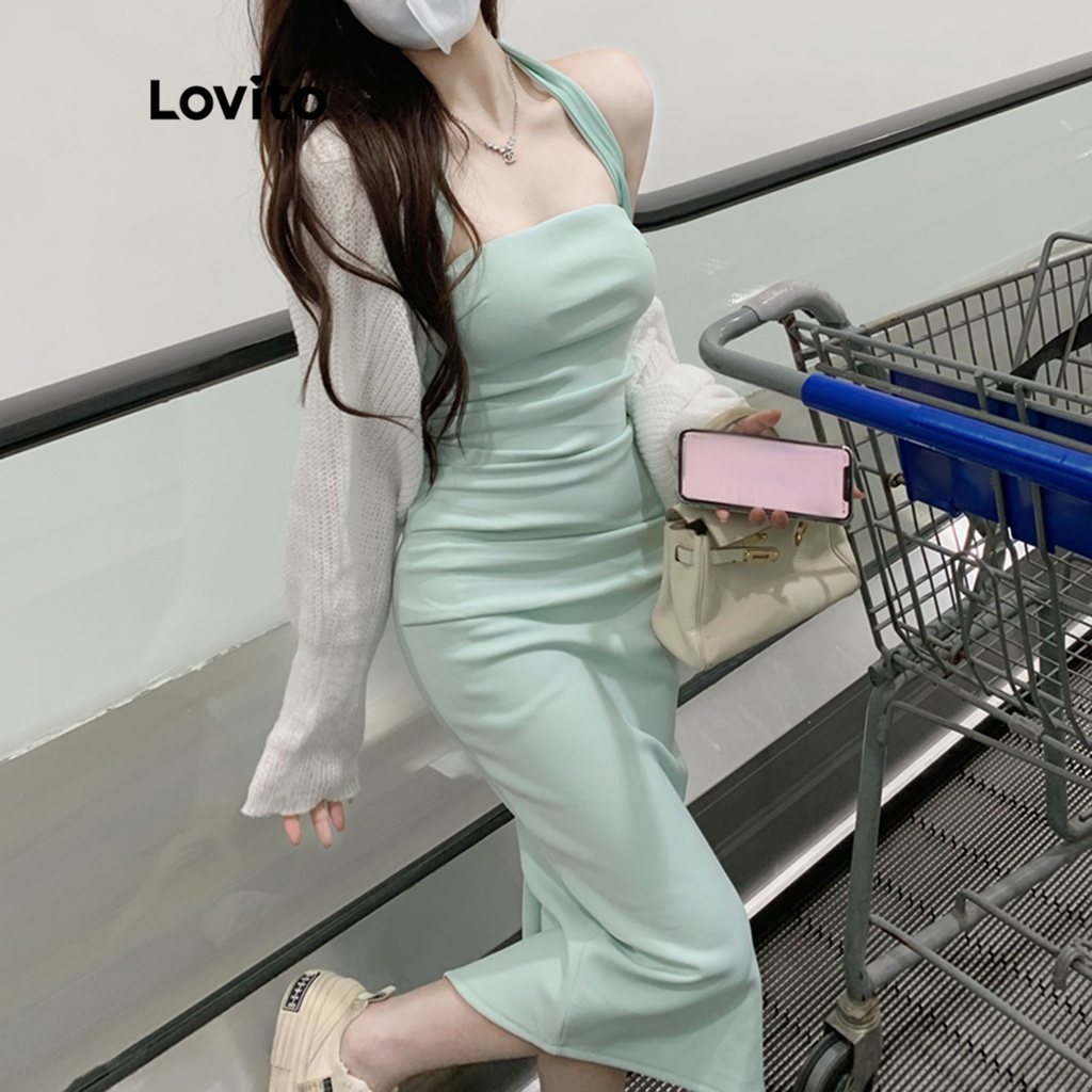 Đầm Lovito không tay cổ vuông xếp nếp màu trơn phong cách cơ bản cho nữ LNE02030 (màu xanh bạc hà)