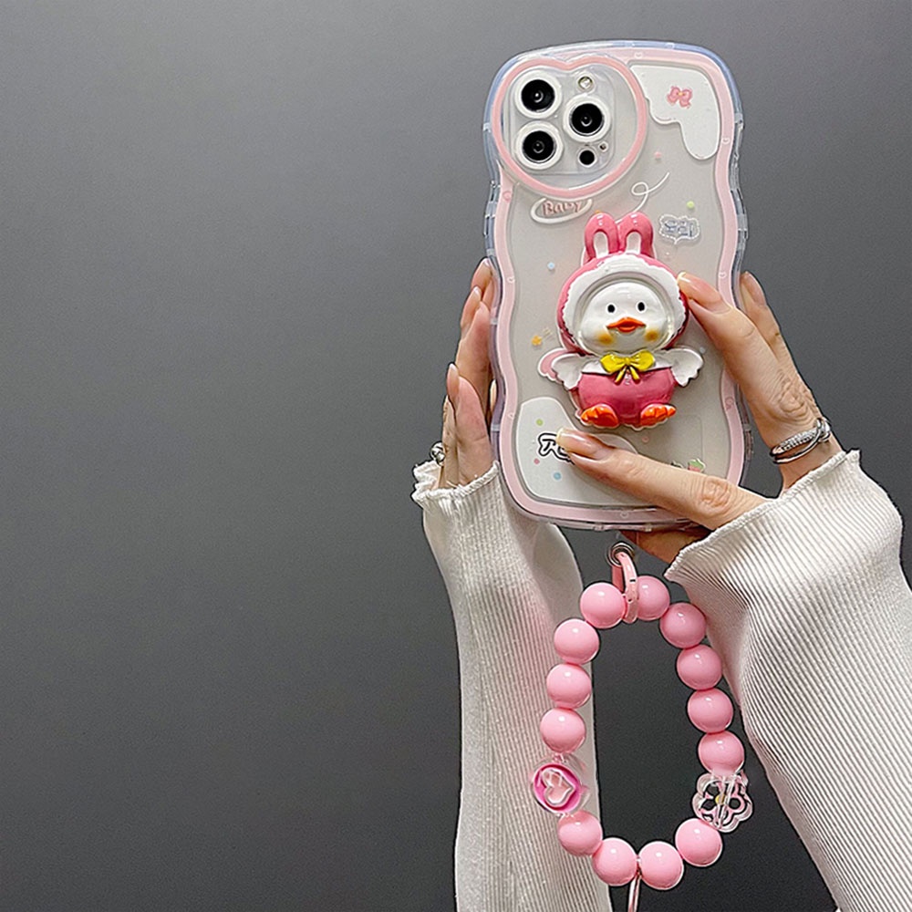 Ốp Điện Thoại TPU Dẻo Họa Tiết Chú Vịt 3D Dễ Thương Chống Sốc Kèm Vòng Đeo Tay Cho IPhone 11 12 13 14 Pro Max 14 Plus