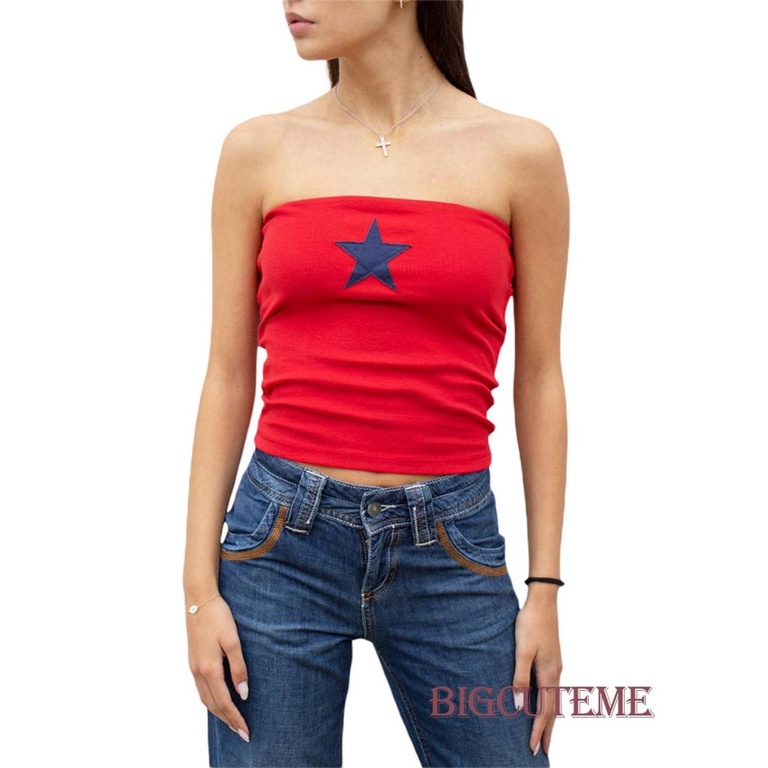 [] - Áo Ống Không Tay Hở Vai In Hình Ngôi Sao Màu Đỏ Phong Cách Đường Phố Dự Tiệc Thường Ngày Cho Nữ