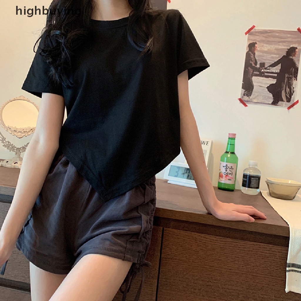 Áo Thun Crop Top Tay Ngắn Cổ Tròn Màu Trơn Phối Dây Rút Thời Trang Mùa Hè Cho Nữ