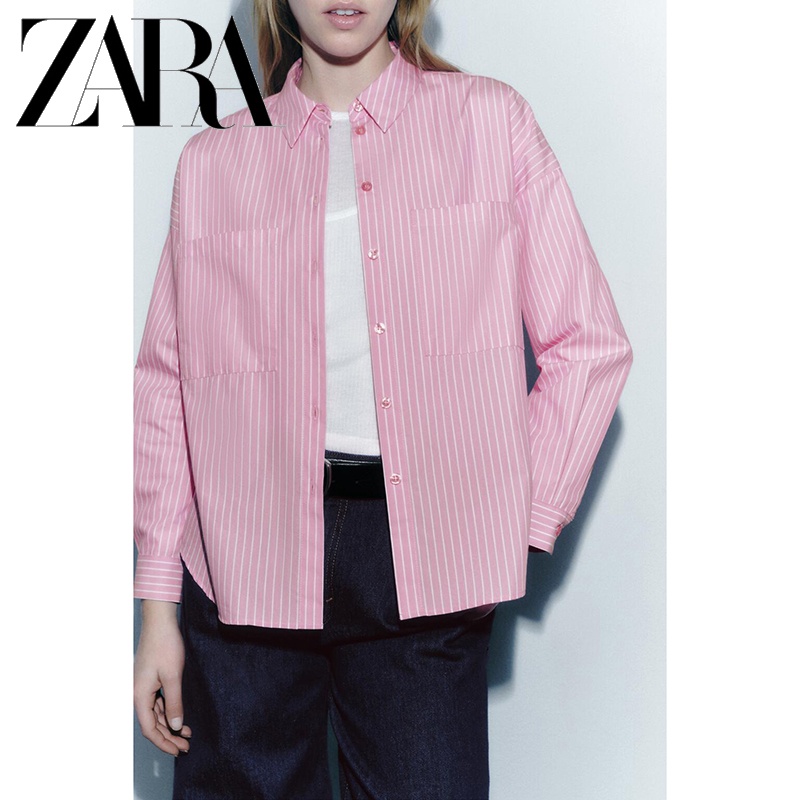 Zara Áo Sơ Mi Dài Tay Dáng Rộng Hoa Văn Kẻ Sọc Thời Trang Dành Cho Nữ