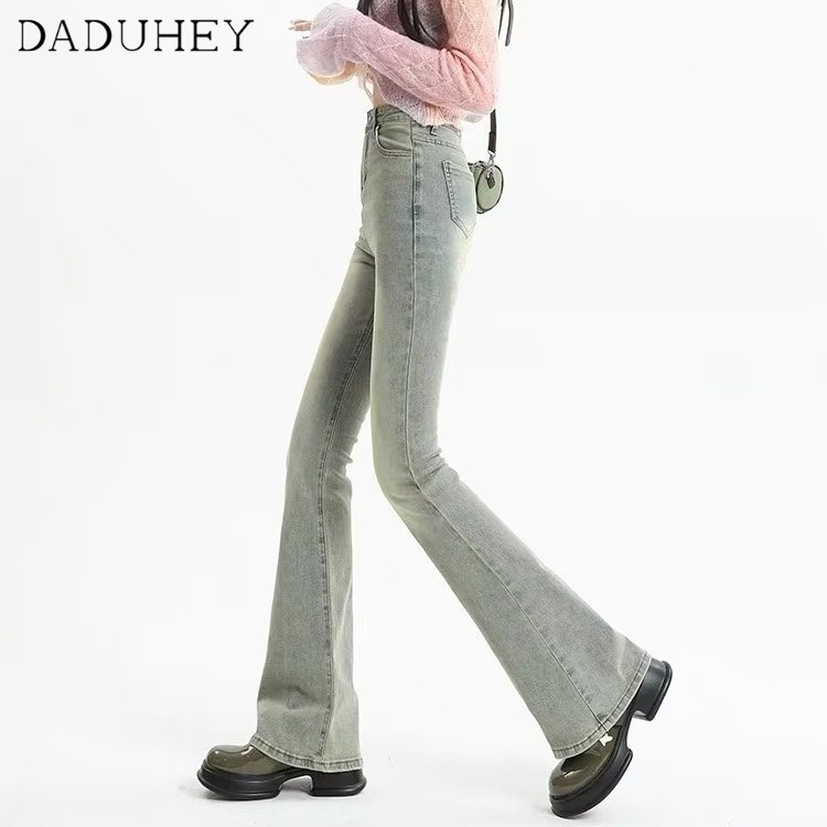 Quần jean DADUHEY lưng cao ống loe màu vàng bùn thời trang phong cách Hàn Quốc cá tính cho nữ