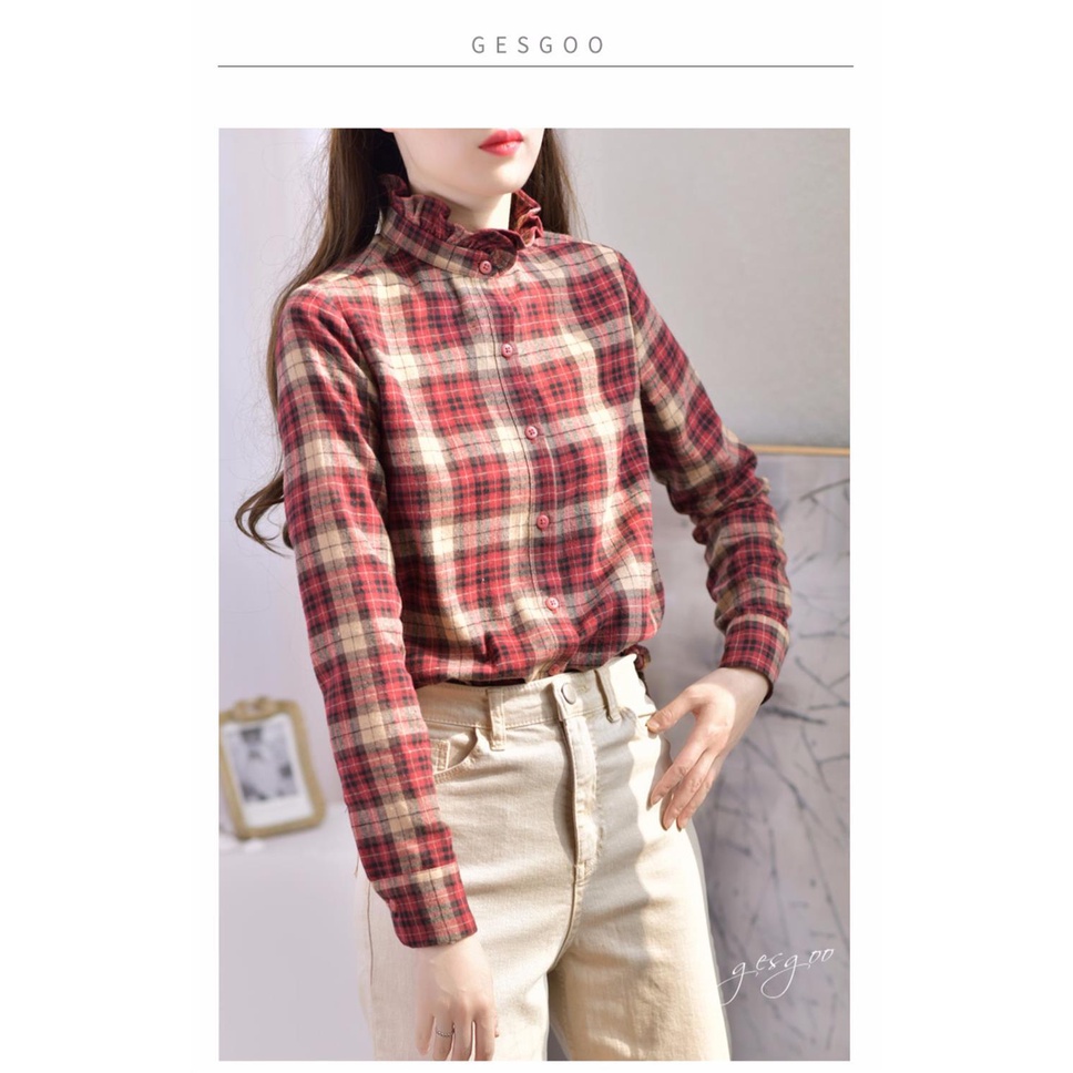 Áo Sơ Mi Cổ Đứng Chất Liệu Cotton Mềm Họa Tiết Sọc Caro Phong Cách Retro Hàn Quốc