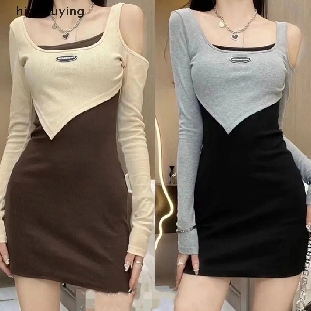 Hbvn Belle Đầm Mini Dài Tay Trễ Vai Giả Hai Mảnh Ghép Nối Kiểu Harajuku Đường Phố Gợi Cảm Cho Nữ Y2k