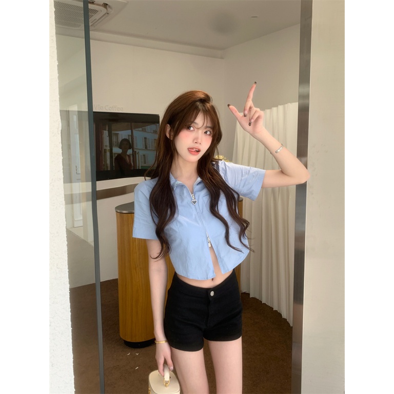 『Dream Island』Áo Sơ Mi Croptop Ngắn Tay Hai Đầu Có Khóa Kéo Thời Trang Dành Cho Nữ