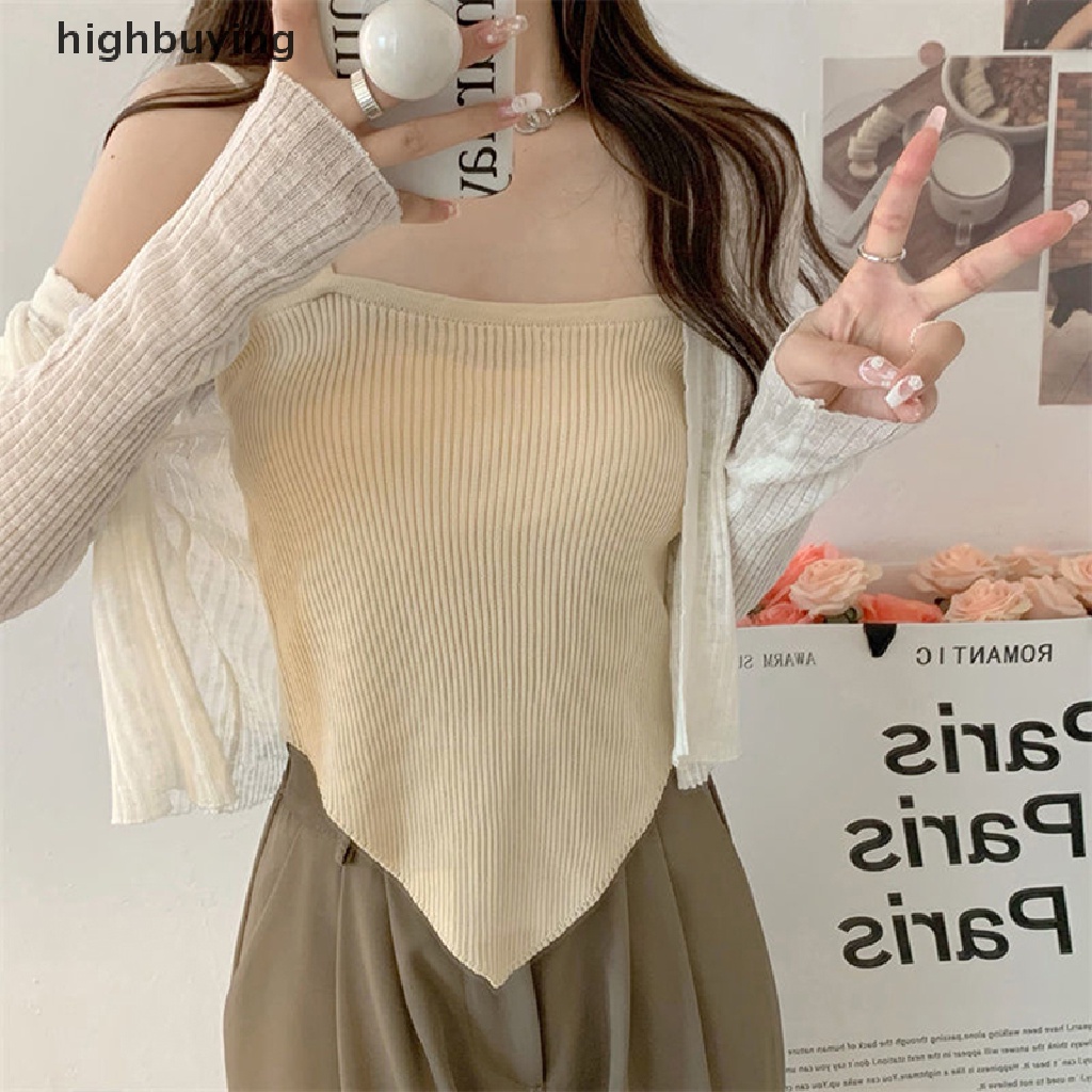 Áo Croptop Dệt Kim Không Tay Màu Sắc Đơn Giản Quyến Rũ Cho Nữ