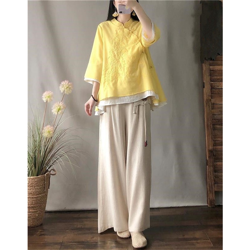 Áo Sơ Mi Vải Lanh Cotton Dáng Rộng Cài Nút Kiểu Trung Hoa Thời Trang Xuân Hè Cho Nữ