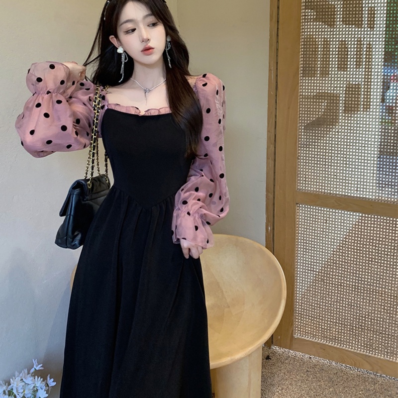 IELGY  Đầm Tay Dài Phối Lưới Dáng Ôm Phong Cách retro Pháp Thanh Lịch Dành Cho Nữ