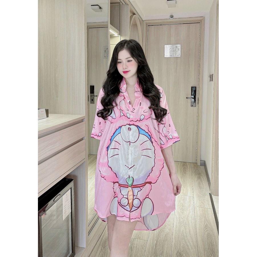 Đầm ngủ sơmi in hình hoạt hình so cute chất lụa xước - Váy ngủ nữ Freesize