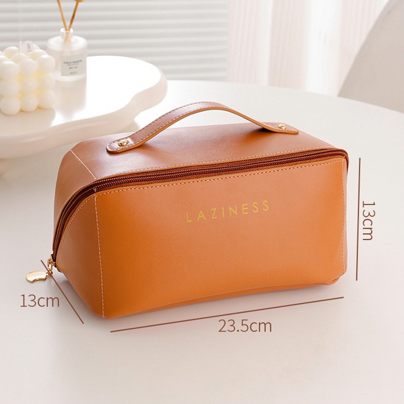 Túi Đựng Mỹ Phẩm Da Pu Màu Nâu Cỡ Lớn Thời Trang Tiện Dụng Mang Theo Du Lịch Cho Nữ