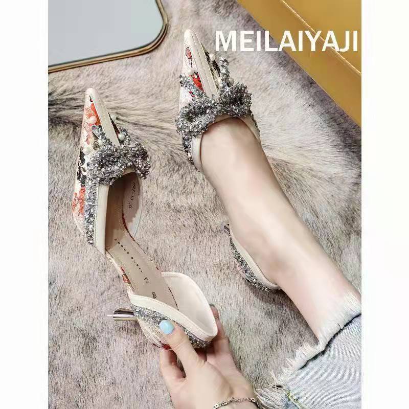 Giày Cao Gót Da Thật Mũi Nhọn Đính Đá Thời Trang Mùa Hè Cho Nữ
