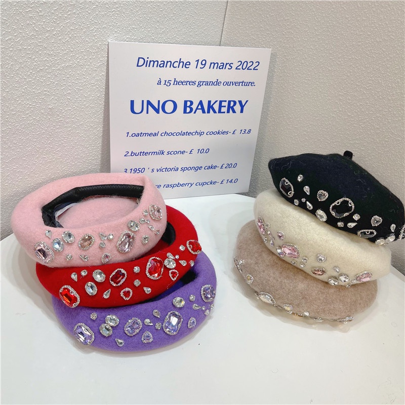 Mũ Beret Len Màu Đen Đính Đá Phong Cách Vintage Thời Trang Kpopive WonYoung