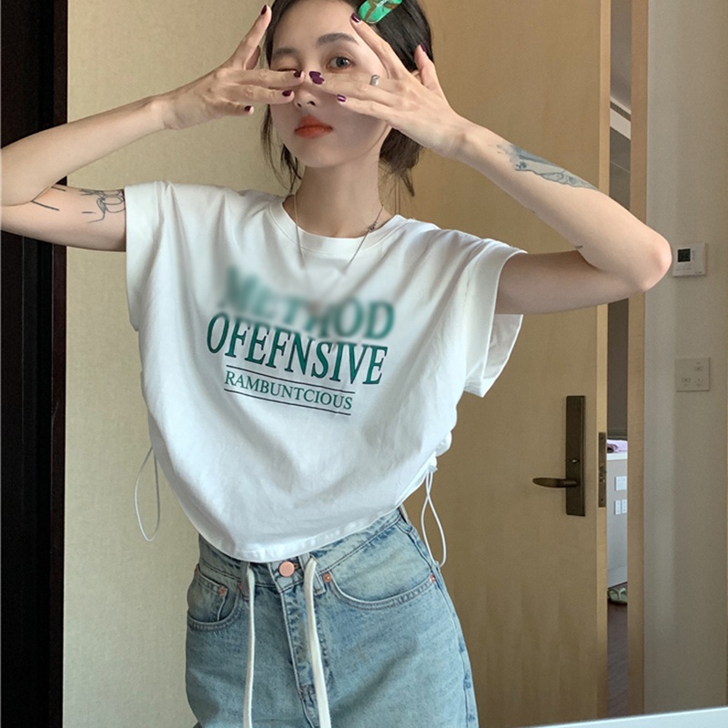 IELGY  Áo Thun Xám Tay Ngắn Phối Dây Rút In Họa Tiết Thời Trang Cho Nữ