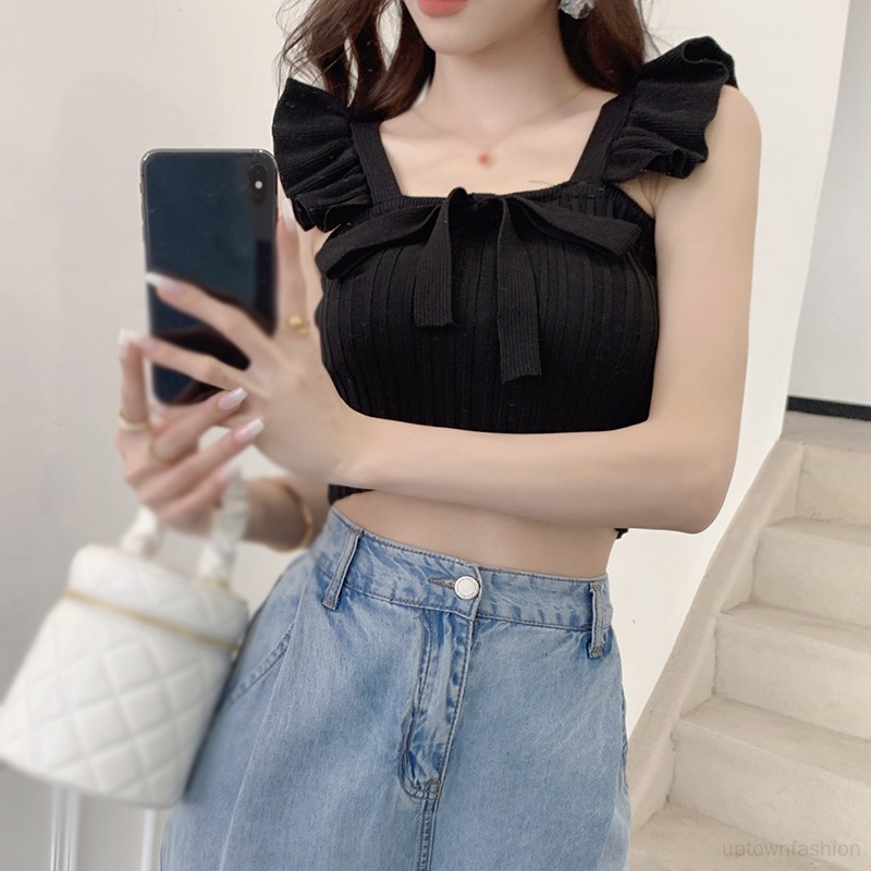Áo Tank Top Dệt Kim Cổ Vuông Thắt Nơ Màu Sắc Đơn Giản Phong Cách Hàn Quốc Cho Nữ