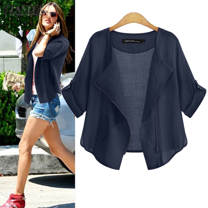 Áo khoác cardigan ZANZEA ngắn tay cổ thuyền phối khóa kéo thời trang đường phố cho nữ
