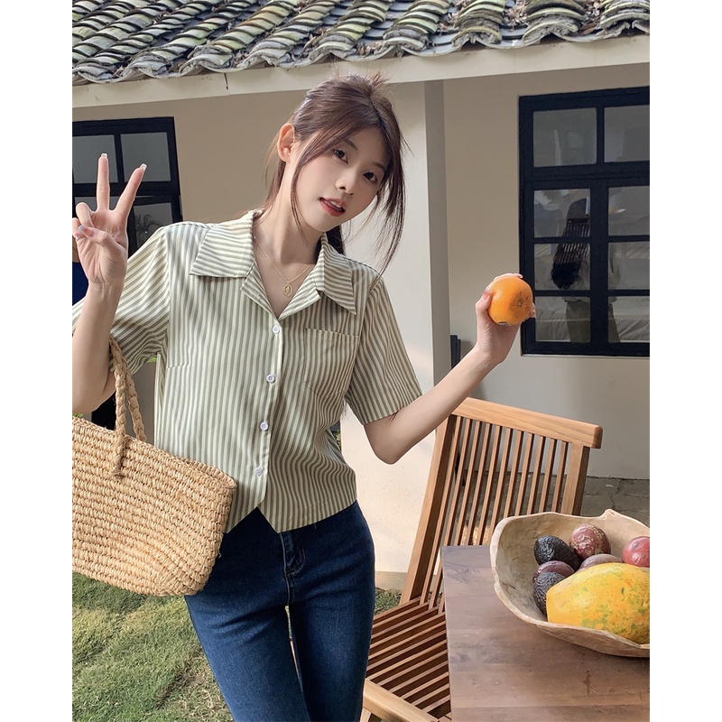 Lalisas Áo Sơ Mi Ngắn Tay Họa Tiết Kẻ Sọc Thời Trang Hàn Quốc Dành Cho Nữ