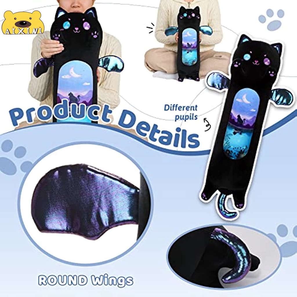 Gấu bông con mèo búp bê mèo đen gối mèo đen dài búp bê mèo thiên thần thú nhồi bông quà tặng trẻ em Món quà sinh nhật gối ngủ