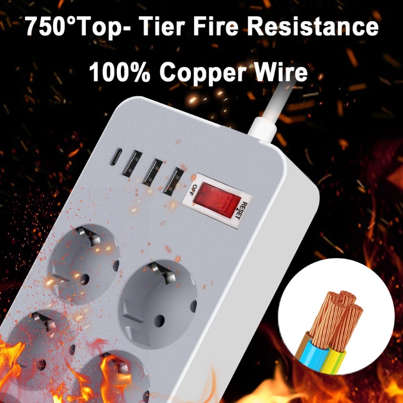 Ổ Cắm EU 2200W 6 Chiều 6AC 3 Cổng USB Type C Bảo Vệ Quá Tải