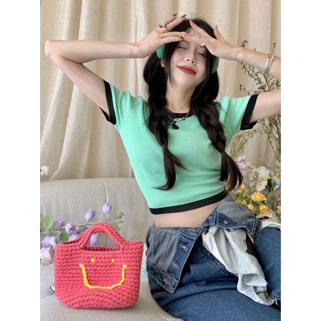 Lalisas Áo Croptop Dệt Kim Tay Ngắn Cổ Tròn Thời Trang Hàn Quốc vintage Quyến Rũ Cho Nữ