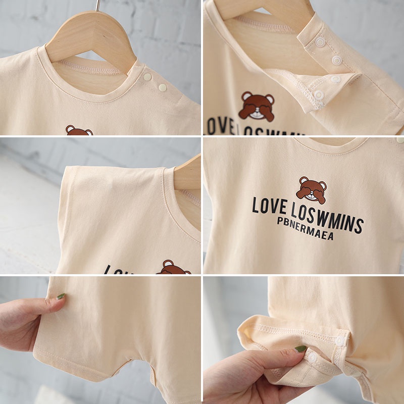 Bộ Áo Liền Quần Bằng Cotton In Chữ Và Gấu Hoạt Hình Dành Cho Bé Trai Gái