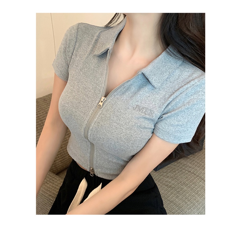 Áo croptop SUXI tay ngắn cổ polo thêu họa tiết ngọt ngào thời trang mùa hè cho nữ