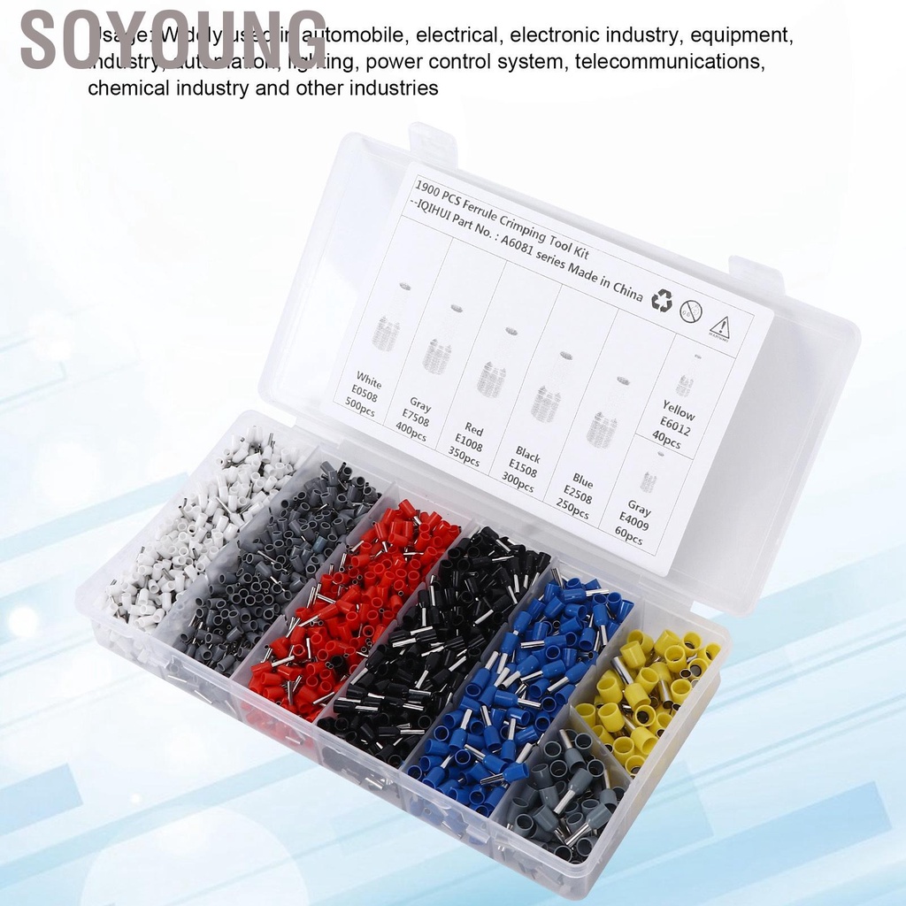Soyoung 1900pcs Wire Ferrule Terminals Pin Type Copper Tin Plated 7 Sizes Insulated Cord Connectors Universal for Cars