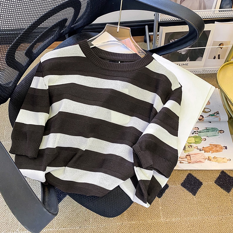 Áo Thun Dệt Kim Tay Ngắn Họa Tiết Kẻ Sọc Màu Trắng Đen Thời Trang Cho Nam Và Nữ Mã 2023