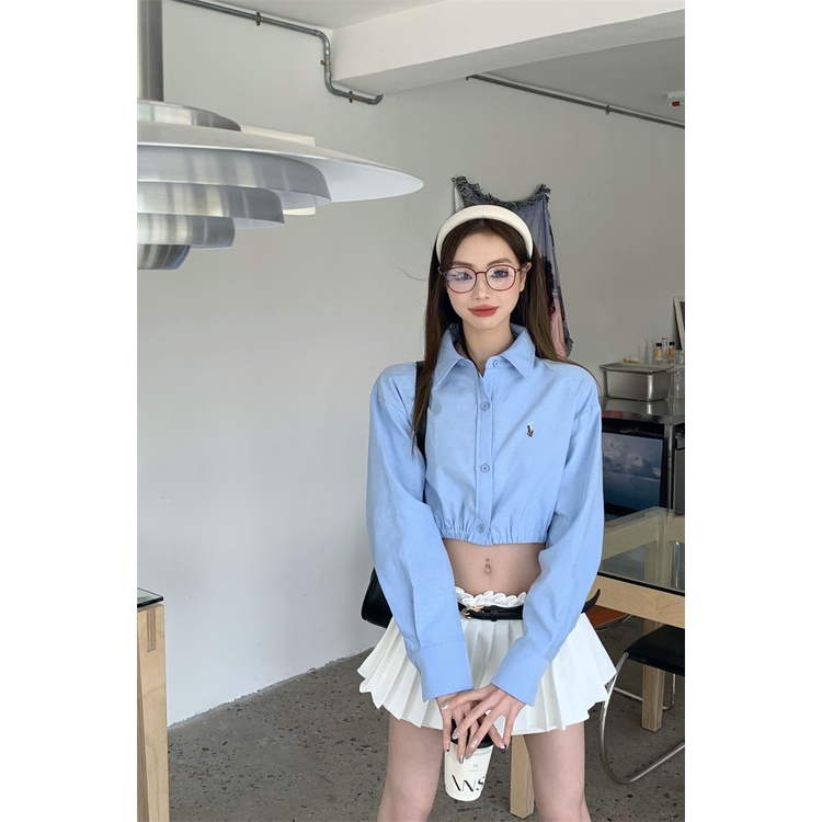 「MOTEL7」Áo Sơ Mi Croptop Tay Dài Eo Hẹp Thêu Họa Tiết Ngắn Mỏng Nhẹ Thời Trang Cho Nữ