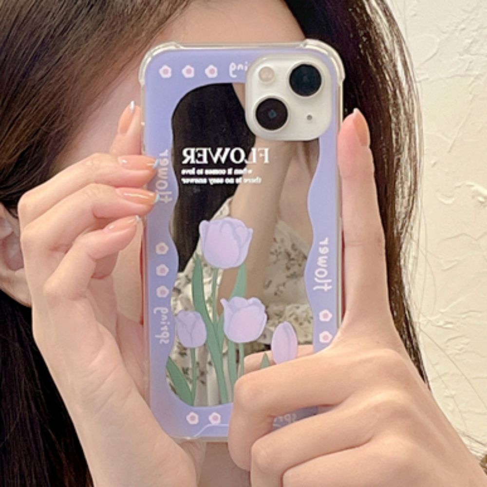 Ốp Điện Thoại TPU Dẻo Gắn Gương Hình Hoa Tulip Tím Thời Trang Cho IPhone 14 13 12 11 Pro Max XS XR 8 7 Plus