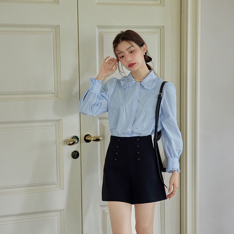Pháp Retro Xù Cổ Búp Bê Áo Sơ Mi Xanh Nữ Mùa Xuân Dài Tay Thiết Kế Hàng Đầu Niche Áo Sơ Mi