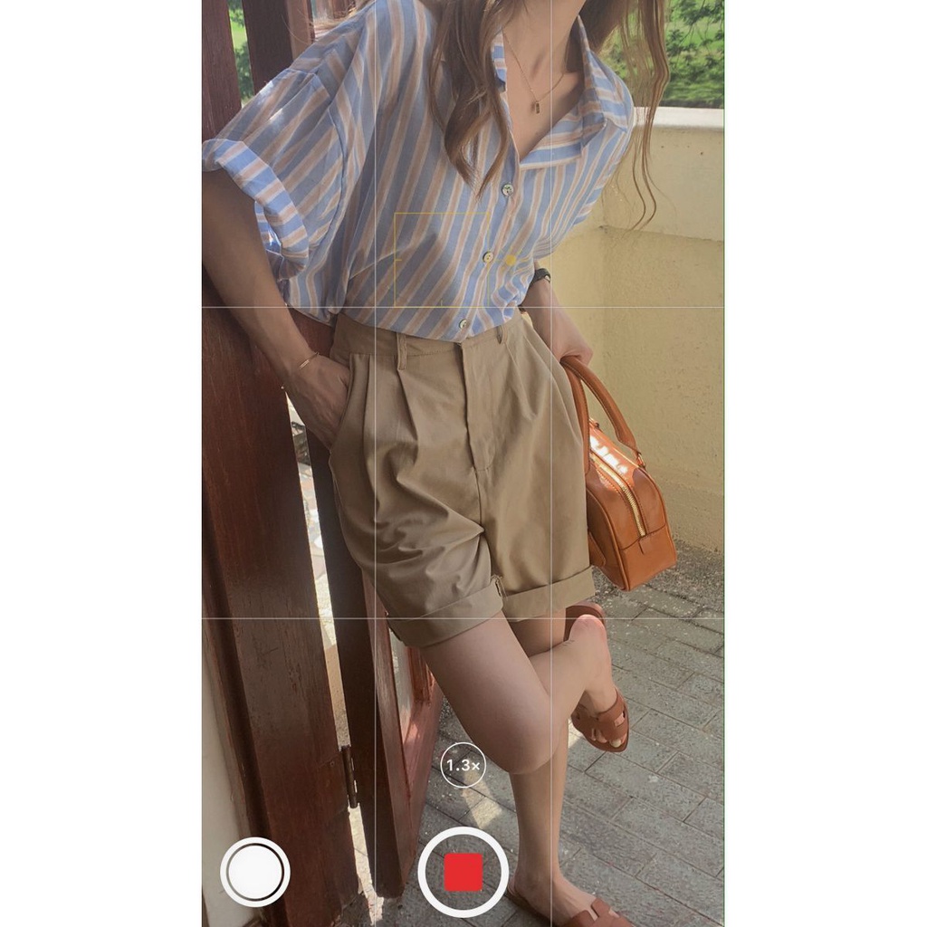 Little Girl [Phong Cách Preppy Set Áo Sơ Mi Ngắn Tay Kẻ Sọc Màu Tương Phản Phối Quần Short Lưng Cao Thời Trang Mùa Hè Mới