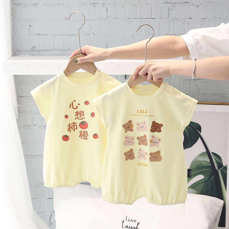 Bộ Áo Liền Quần Bằng Cotton Tay Ngắn In Hoạt Hình Dành Cho Bé Trai Gái 0-2 Tuổi