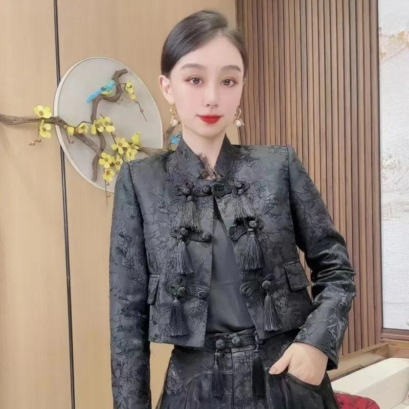 Set Áo Khoác Và Chân Váy Thiết Kế Tua Rua Phong Cách Retro Cho Nữ