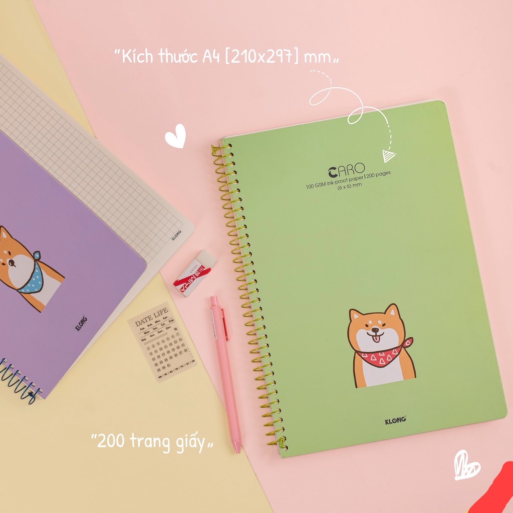 Sổ A4 caro ô vuông to 6x6mm 200 trang KLong lò xo đơn MS 590 VPPKLONG, tập vở bìa dễ thương- BUTDEP.NET