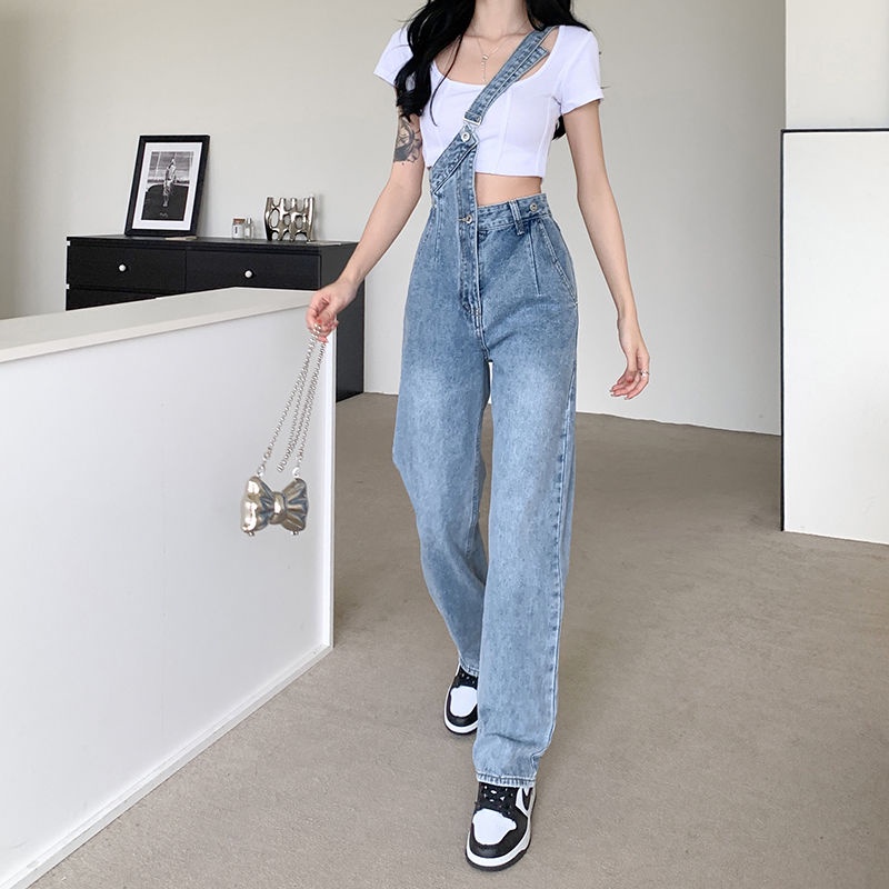 Quần Yếm Denim Lưng Cao Ống Rộng Thiết Kế Độc Đáo Thời Trang Cá Tính Cho Nữ