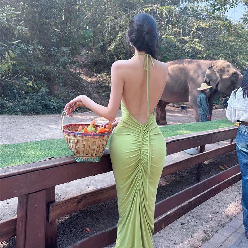 New Sexy Hot girl hip beauty holiday dress stretch beach Dew dress backless hanging neck figure long skirt LLWZ