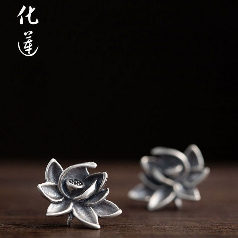Miyan s925 Bông Tai Bạc Hình Hoa Sen Ba Chiều Phong Cách Dân Tộc Cổ Điển Cho Nữ