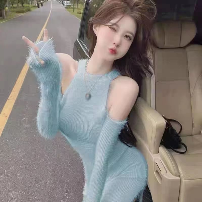 Đầm Len Lông Cừu Dệt Kim Trễ Vai Cao Cấp Thời Trang Xuân Thu Cho Nữ