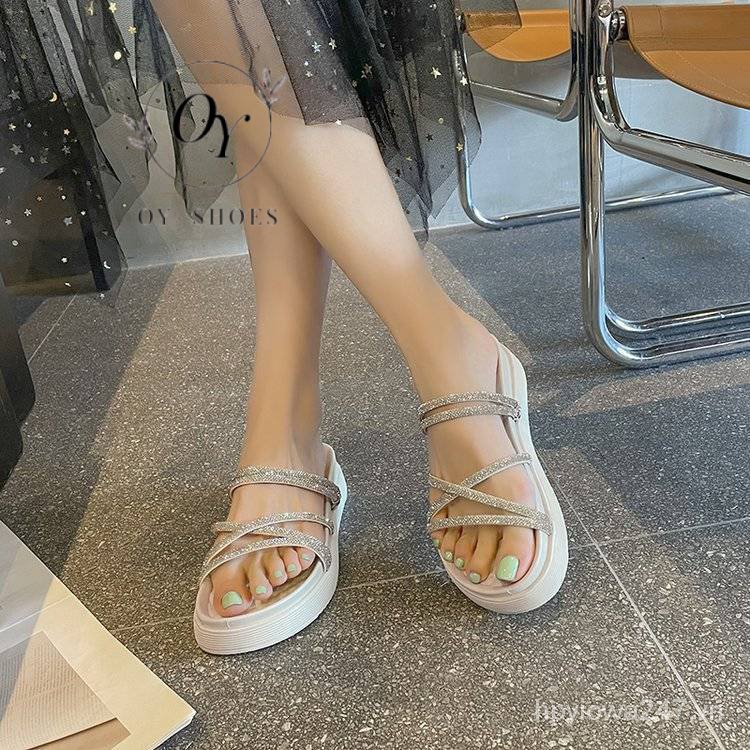 Sandal Đế Xuồng Dày Dặn Đính Đá Phong Cách Thời Trang Mùa Hè Mới 2023