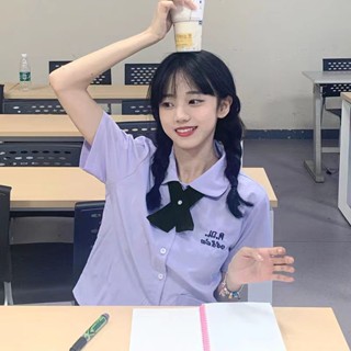 áo croptop,Đồng phục học sinh Thái Lan nhỏ,Vòng cổ tím ngắn tay áo,Áo sơ mi chất lượng tốt